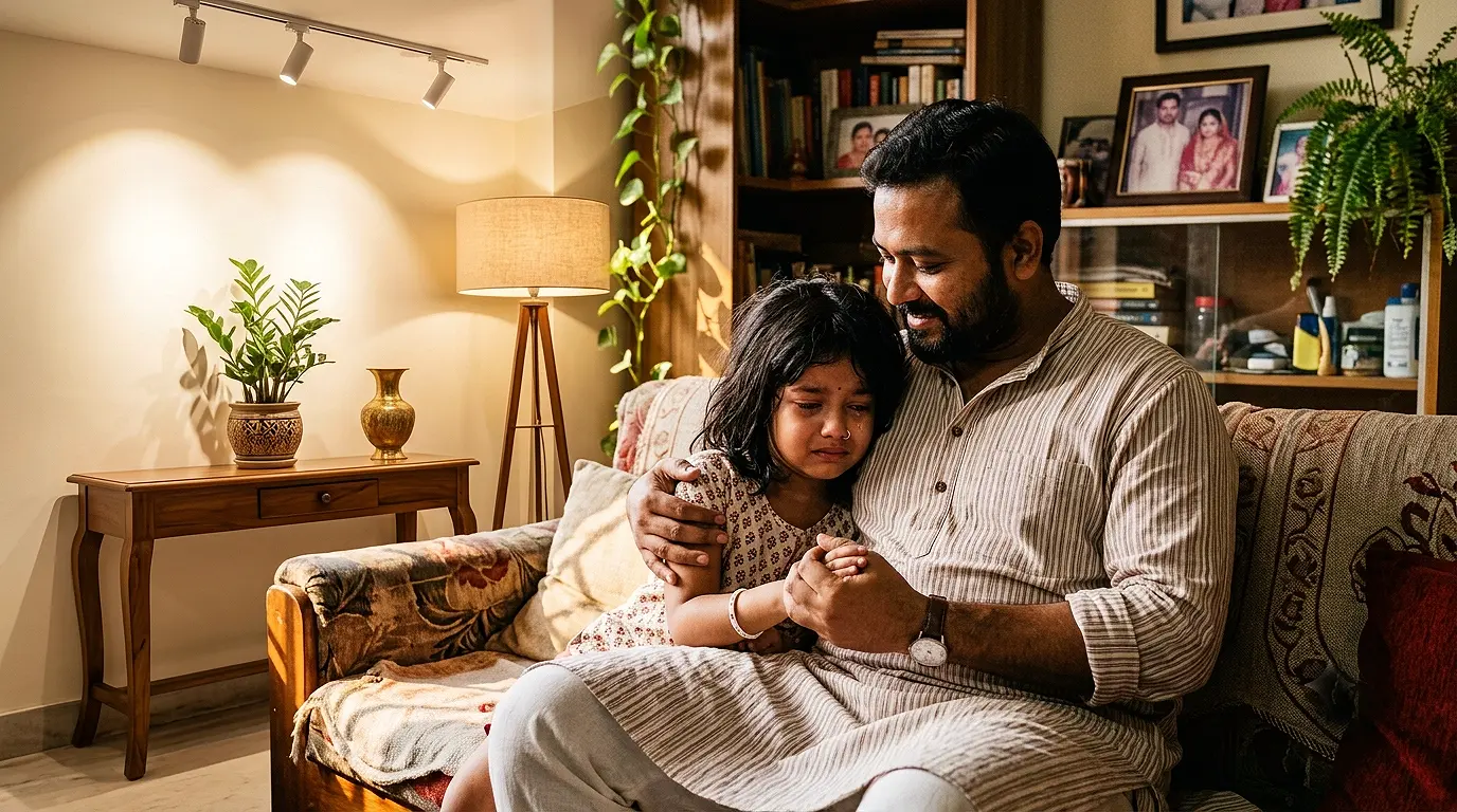 কান্নারত সন্তানকে শান্তভাবে সোফায় বসে সান্ত্বনা দিচ্ছেন একজন স্নেহশীল বাঙালি বাবা